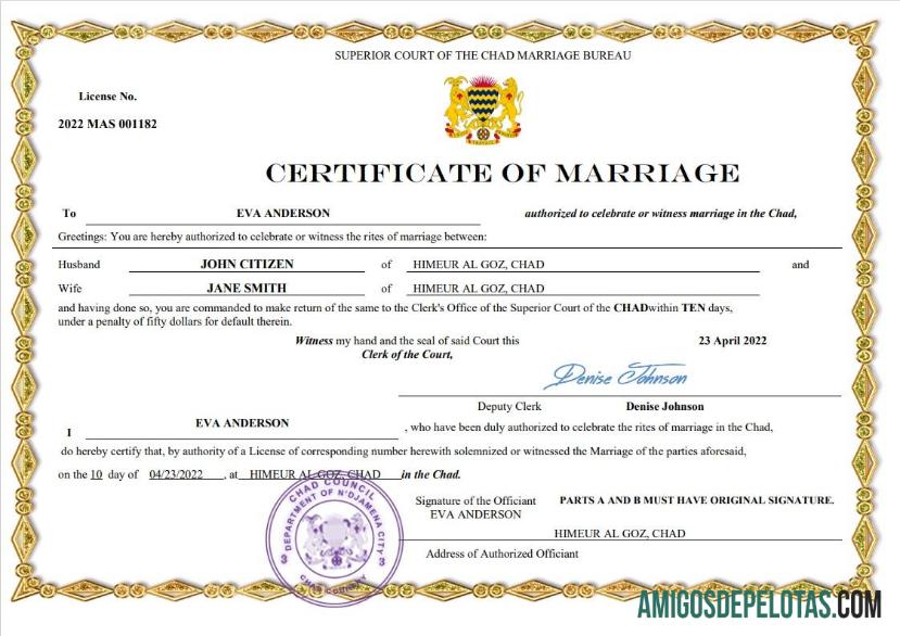 Realista modelo Word e PDF de certidão de casamento no Chade